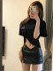 150 short girl hot girl PU leather skirt covering the buttocks and exposing the navel, low-waisted A-line miniskirt with slit autumn and winter XS