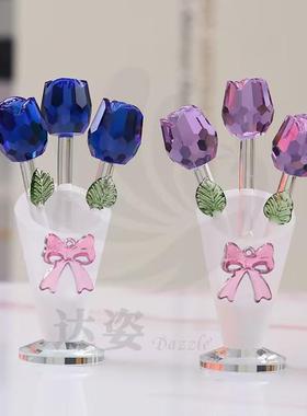 红水晶玫瑰花束摆件花瓶生日礼物