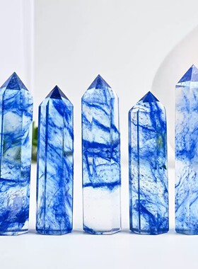 蓝熔炼水晶柱摆件单尖六角柱