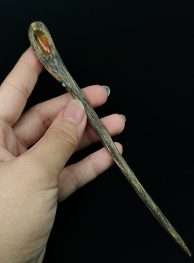 天然抚顺琥珀搭配沉香全手虫漏全工雕刻镂空发簪子古风簪旗袍汉服