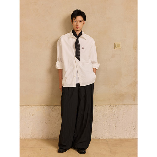 LR MADE 25AW 优雅复古细条纹 层次感打褶 休闲微宽松直筒长西裤 - 图2