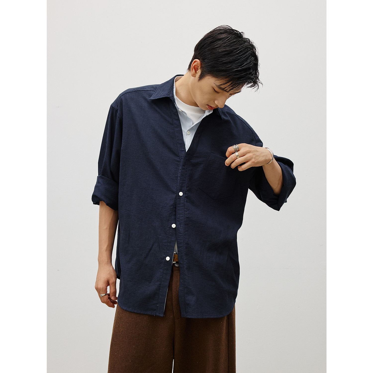 LR MADE 25AW 深V翻领 撞色立领门襟 假两件层次感 休闲长袖衬衫 - 图2