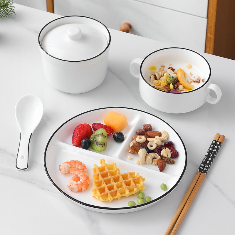 陶瓷盘子一人食家用早餐盘快餐店饭盘三格分餐盘碟子汤碗餐具套装,淘宝优惠券,粉丝福利购,淘宝优惠卷