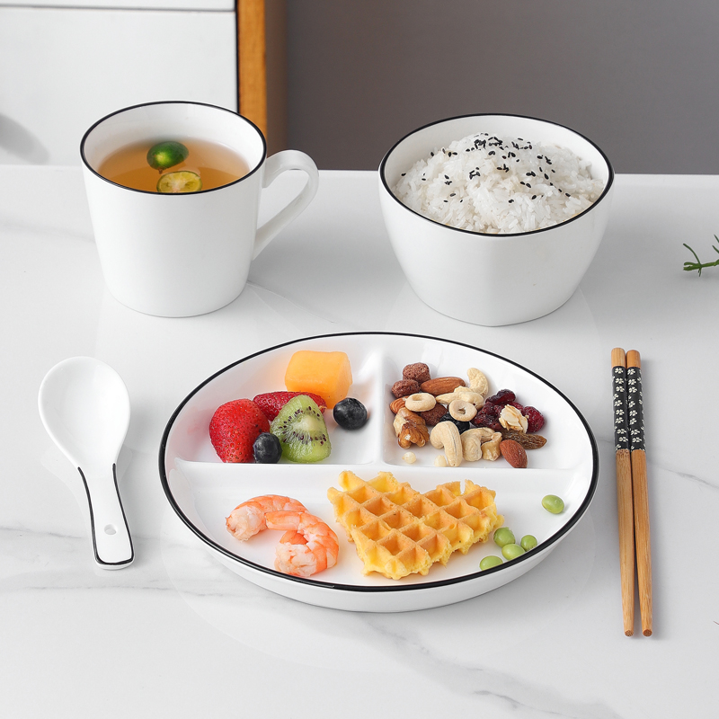 陶瓷盘子一人食家用早餐盘快餐店饭盘三格分餐盘碟子汤碗餐具套装,淘宝优惠券,粉丝福利购,淘宝优惠卷
