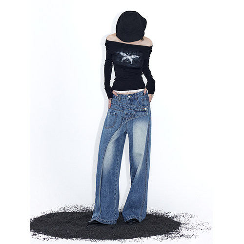 ourhour  斜拼错位水洗蓝解构设计宽松裤裙式牛仔裤 女设计感长裤 - 图0