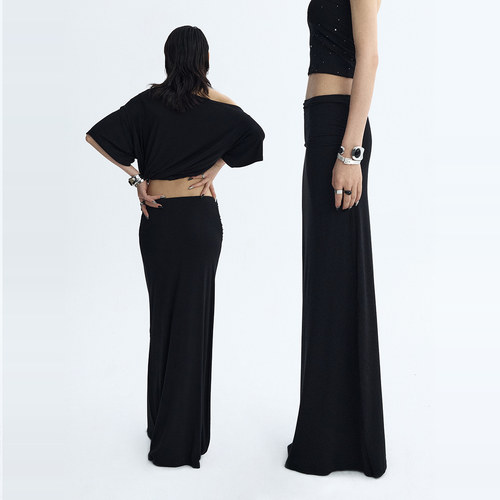 ourhour 前片抽褶 黑色极简无腰设计垂感半身长裙 女夏设计感薄裙 - 图2