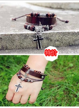 复古十字架串珠牛皮瑞丽风手环