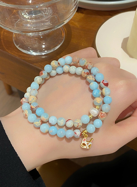 轻奢手作简约设计感双圈寿山石手链女士甜美清新桃花手链狐狸面具