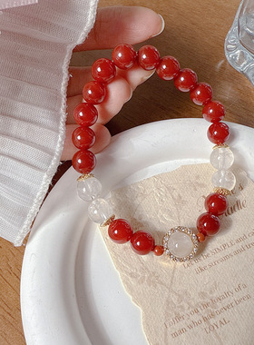 新中式南红玛瑙手链女简约时尚白水晶汉白玉葫芦串珠手串寺庙