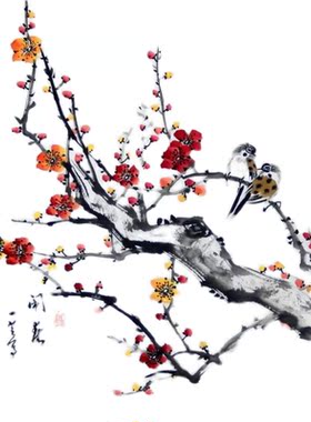 国画梅花报春图中式客餐厅中堂办公室装饰画手绘花鸟红梅国画挂画