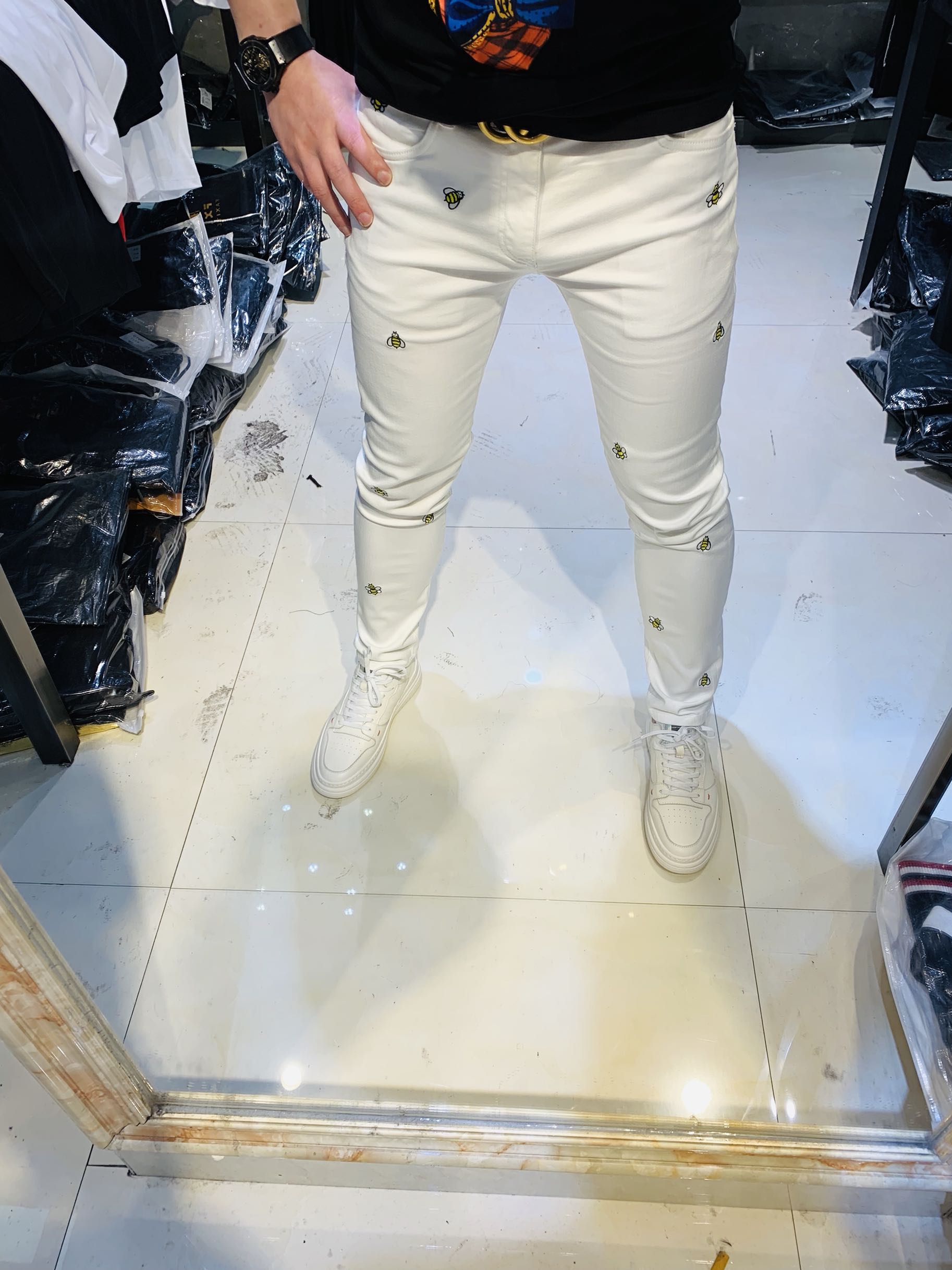 LD潮流男装春夏新款欧洲站弹力修身刺绣小脚白色牛仔裤男抖音红人同款0