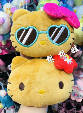 日本三丽鸥kitty黑皮墨镜毛绒公仔零钱收纳包伸缩卡套挂件包挂