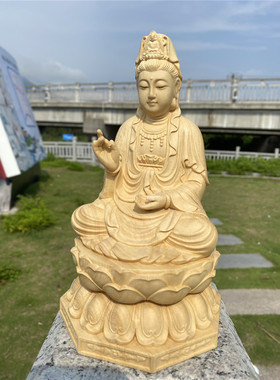 桧木木坐莲兰花指八角观音摆件