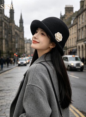 珍珠山茶花礼帽女秋冬赫本风盆帽
