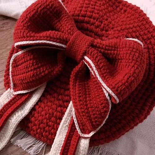 兔耳朵蝴蝶结贝雷帽手工diy女款儿童成人毛线编织帽子钩针材料包 - 图3