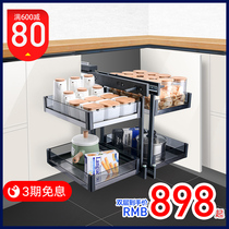 Cherry Blossom Kitchen Overall Cabinet Corner Pull Basket Small Monsters Built-in Bowl Basket Tempered Glass Drawer Corner Seasoning Pull Basket