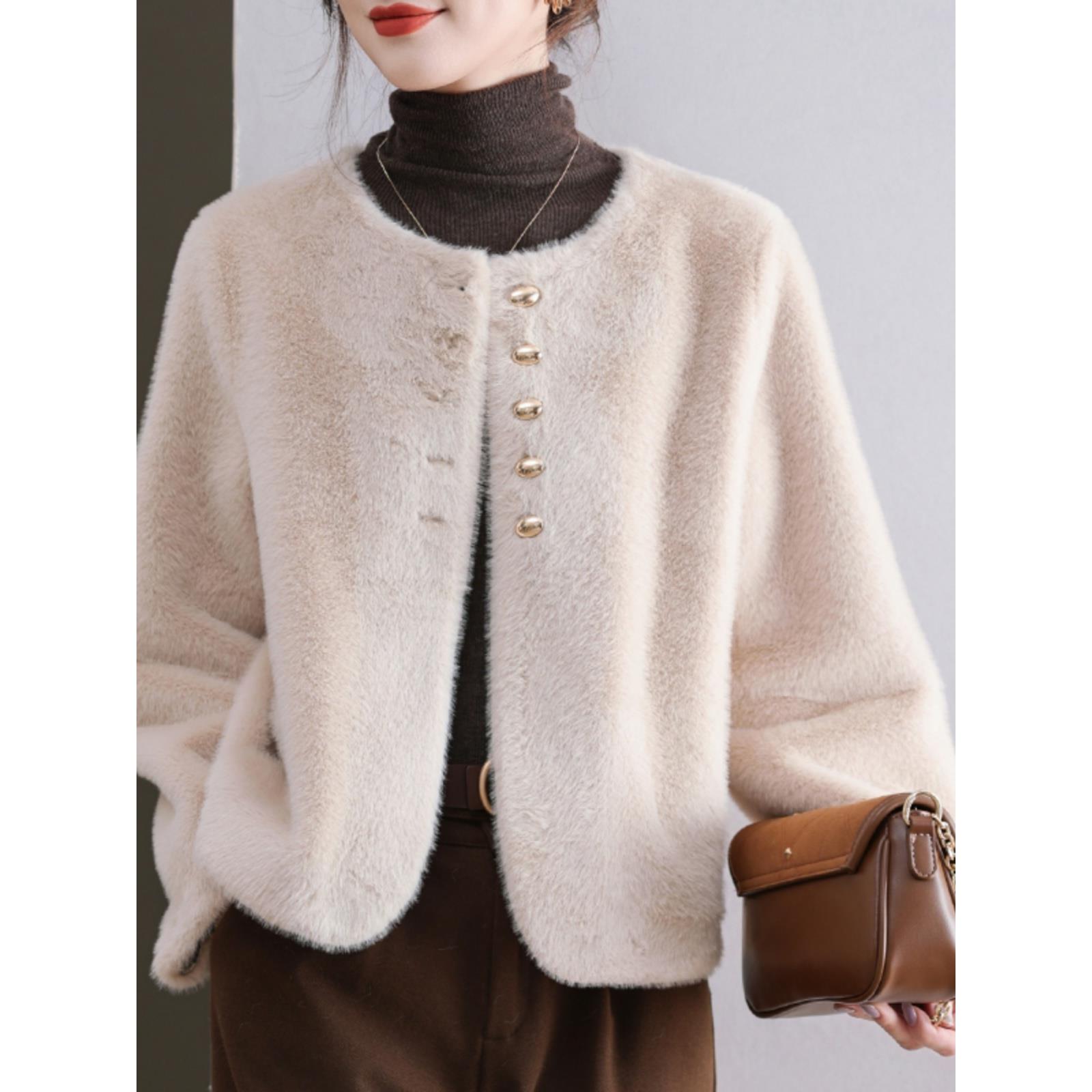 咖色女装高端皮毛一体仿水貂毛绒皮草大衣短款圆领毛绒绒外套秋冬 - 图3