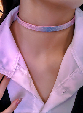 诊疗师手工定制 粉蓝渐变情侣颈环真皮choker项圈手环锁骨链小众