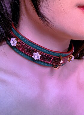 诊疗师手工定制 圣诞红绿双拼真皮choker项圈礼物情侣SM小众高级