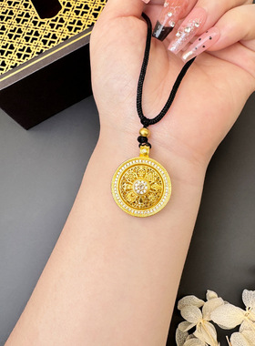 古法传承越南沙金玲珑镂空花朵圆牌项链黑绳女气质铜镀金久不