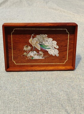 缅花螺钿工艺贝壳托盘高端红木茶托盘富贵孔雀36*24*4cm