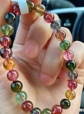 天然水晶巴西老料彩虹碧玺手链女款圆珠串通透糖果碧玺手串送礼物