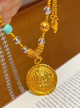 新中式古法沙金錾刻黄财神圆牌绿松白水晶吊坠项链设计款毛衣链女