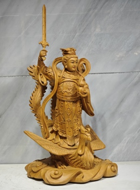 九天玄女娘娘木雕神像家居玄关装饰实木手工雕刻艺术精品摆件16寸