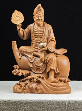 济公活佛像木雕手工精品去心香樟木整木雕刻家居装饰摆件19寸二度