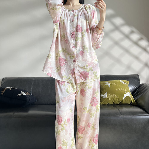 棉绸睡衣女春秋季长袖家居服可外穿新中式清冷感新国风套装夏天薄 - 图0