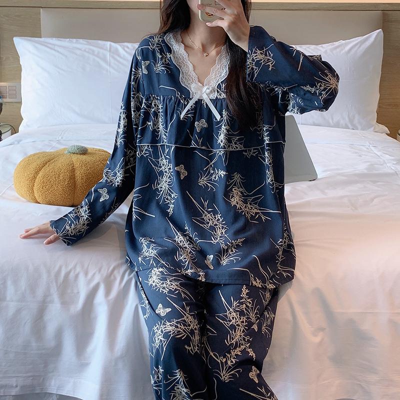 睡衣女春秋款防凸点长袖蕾丝花边甜美公主风可外穿绵绸家居服套装 - 图0