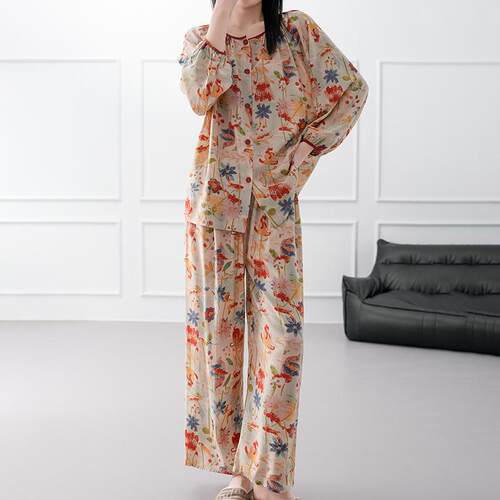 2025新款棉绸睡衣女春秋季中老年妈妈款绵绸家居服套装可外穿夏天 - 图1