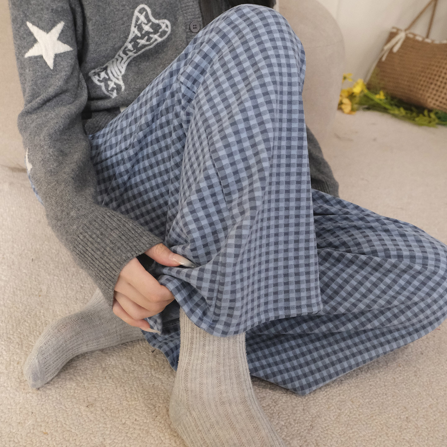 德绒睡裤格子控保暖加厚长裤女生直筒阔腿裤可外穿家居裤秋冬新款 - 图2