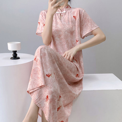 新中式国风睡裙女夏季薄款棉绸宽松大码可外穿中长裙旗袍款家居服 - 图1