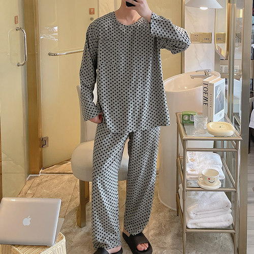 男士睡衣春秋夏季长袖格子款男款青少年可外穿大码棉绸家居服套装 - 图3
