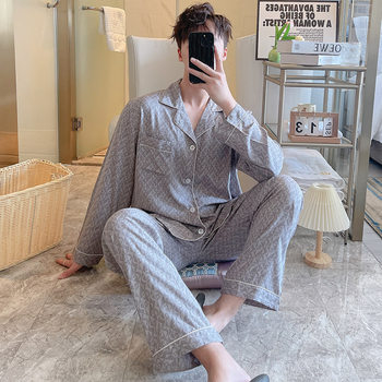 ຜູ້ຊາຍ cardigan ແຂນຍາວຝ້າຍຜ້າໄຫມ pajamas ພາກຮຽນ spring, ດູໃບໄມ້ລົ່ນແລະ summer ເຄື່ອງນຸ່ງຫົ່ມເຮືອນເຢັນອາຍຸກາງແລະຜູ້ສູງອາຍຸຂອງພໍ່ຊຸດຜ້າໄຫມຝ້າຍບາງໆ