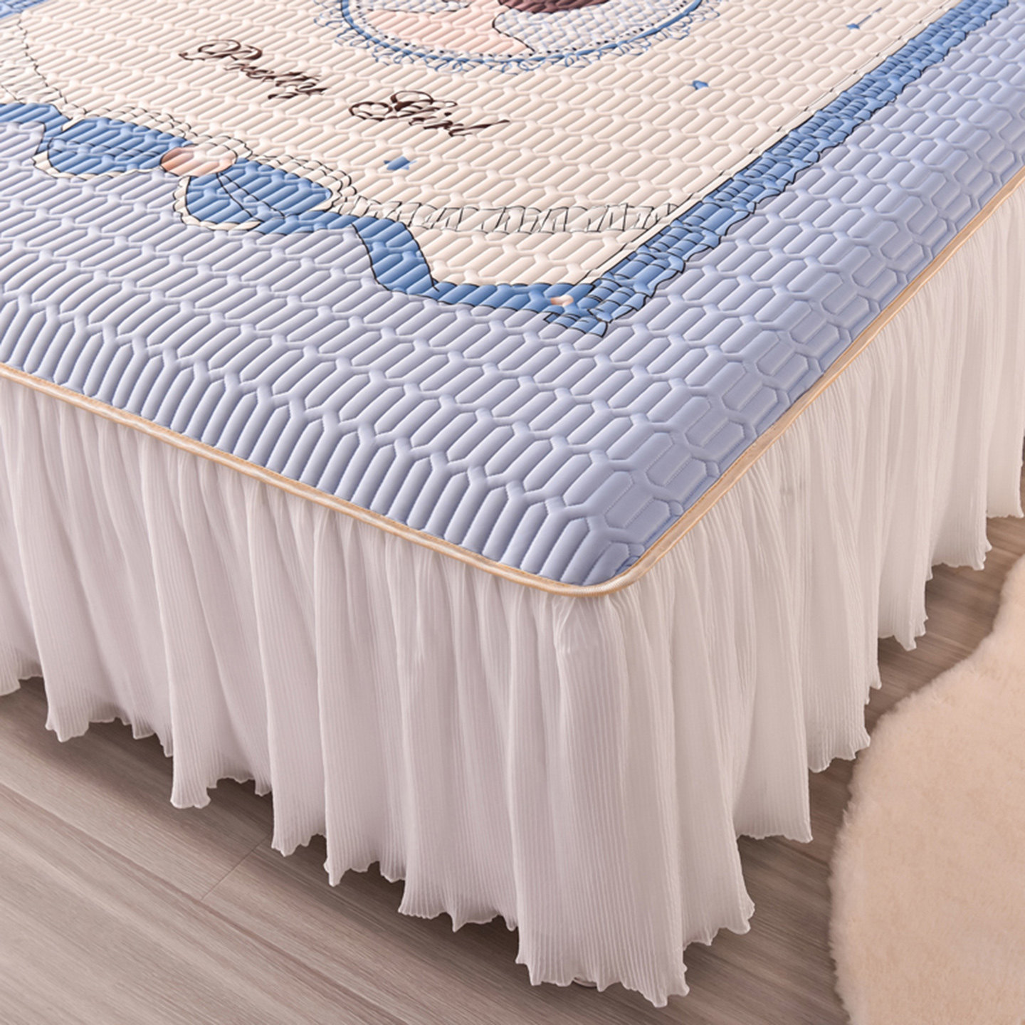 夏季印花床裙乳胶冰丝凉席三件套公主风床单空调床垫席子水洗折叠,淘宝优惠券,粉丝福利购,淘宝优惠卷