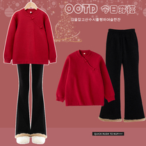 Girls New Year suit autumn and winter Childrens new Chinese style national wind red sweater with velvety Bayern year uniform great child trendy