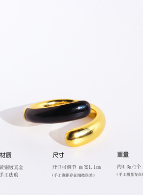 欧美小众设计水滴交叉开口戒指时髦双层黑金撞色珐琅叠戴指环293
