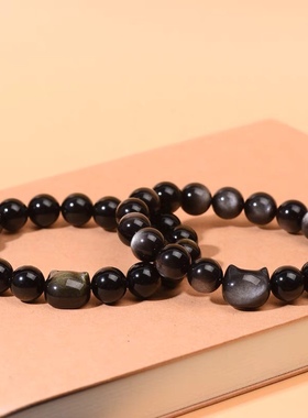 黑曜石手链女生金银猫头送男士女友朋友七夕情人节礼物夏情侣手串