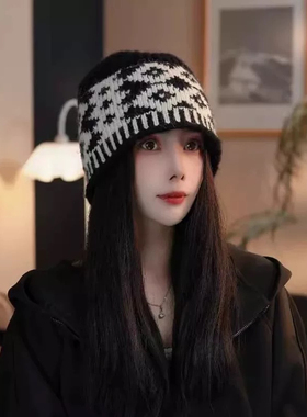 韩版休闲百搭气质提花针织帽子女秋冬保暖护耳毛线帽显脸小渔夫帽