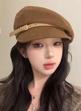 秋冬日系复古皮带八角报童帽女
