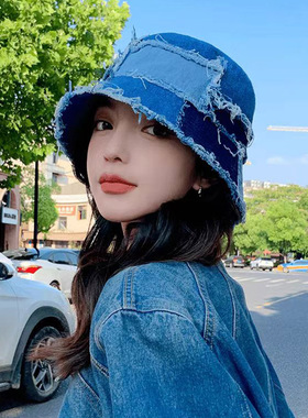 春秋百搭拼接磨边牛仔渔夫帽女