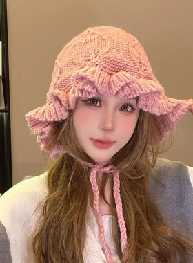 韩系简约秋冬木耳边包头毛线帽女