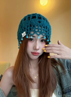 民族风手工编织帽女夏季花朵镂空针织帽包头帽珍珠流苏帽子