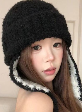 冬季韩系撞色加厚大头围针织帽女