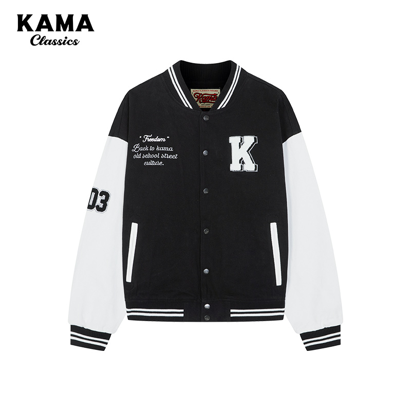 KAMA卡玛美式复古棒球服时尚情侣咖色棒球服夹克开衫外套男女上衣