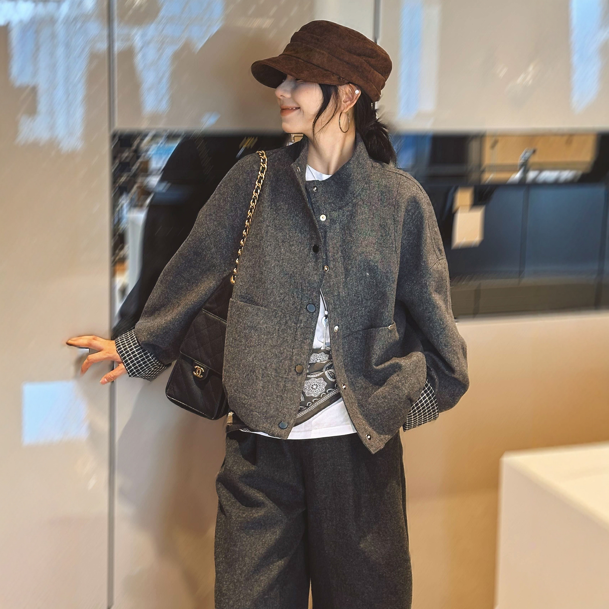 撞色格子羊毛呢立领外套女欧洲站2025秋装新款欧货女装短款夹克潮 - 图1