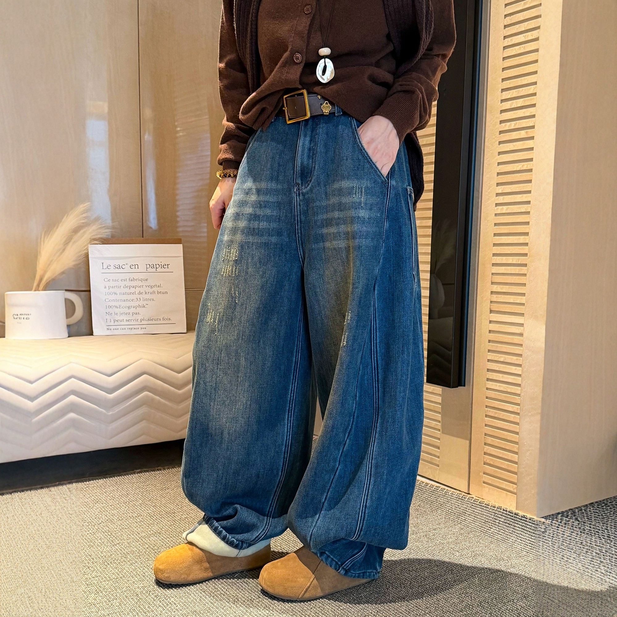 复古加厚加绒阔腿牛仔裤女欧洲站2025冬装新款欧货女装直筒裤子潮,淘宝优惠券,粉丝福利购,淘宝优惠卷