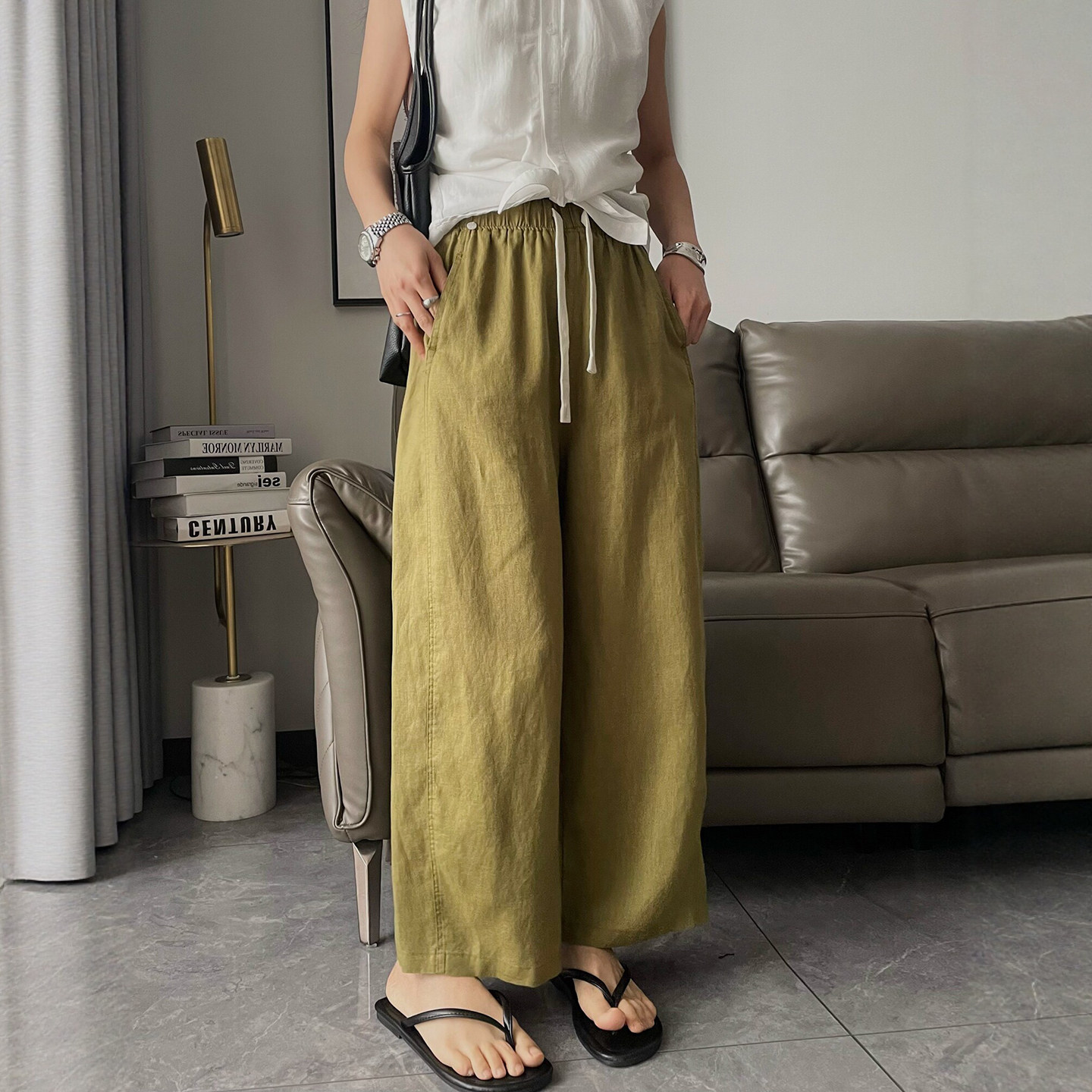 100%天丝亚麻弯刀阔腿裤女欧洲站2026夏季新款欧货女装休闲裤子潮